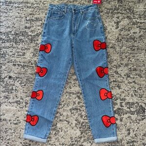 Hello Kitty Blue and Red Ankle Cropped Jeans with Heart Accents